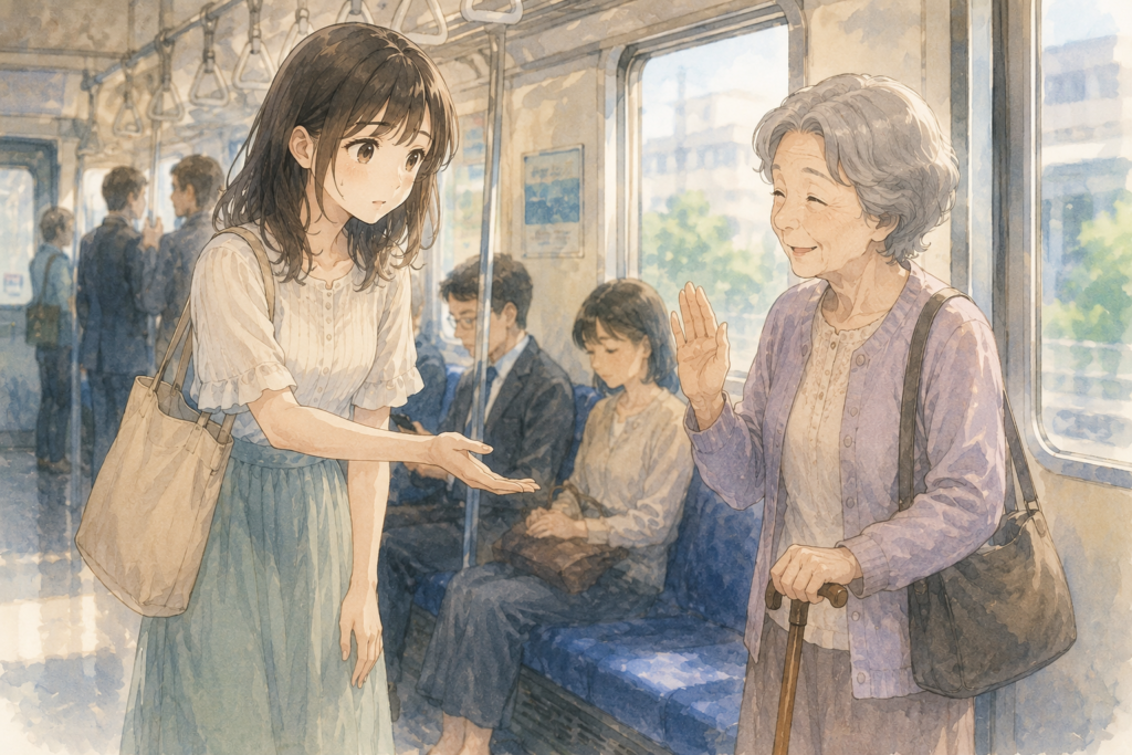 高齢者に席を譲るが断られるミユ。