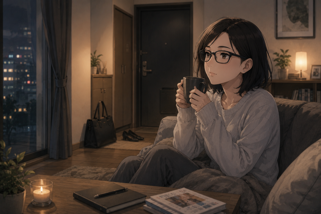 部屋着でくつろぐミカコ。ちゃんとするのを休む時もある。