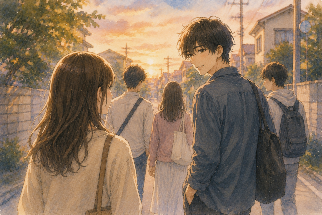 男女の友達グループ。ひとりの男性と目が合う女性。恋に発展する瞬間。