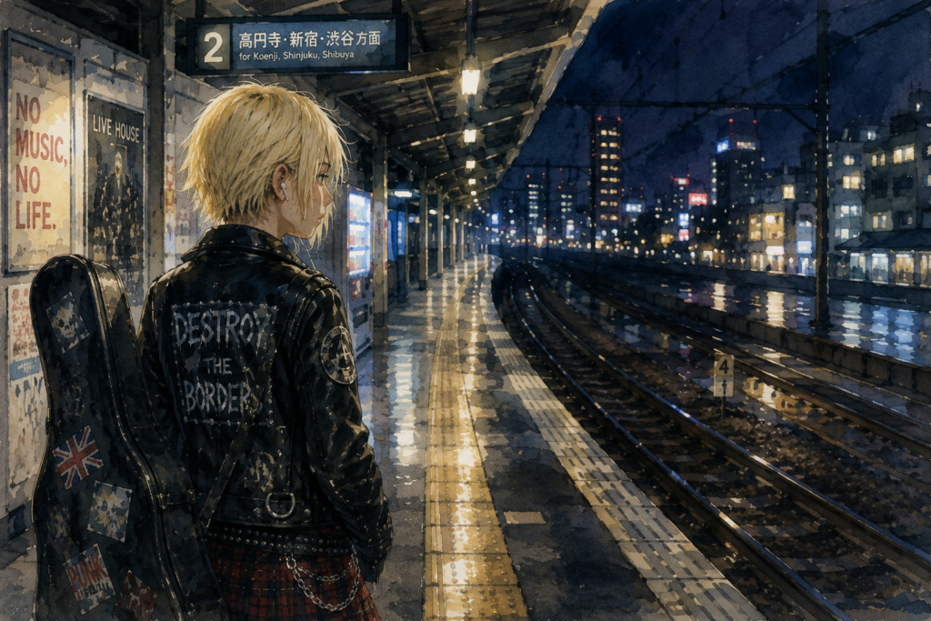 電車を待つ金髪の少女。