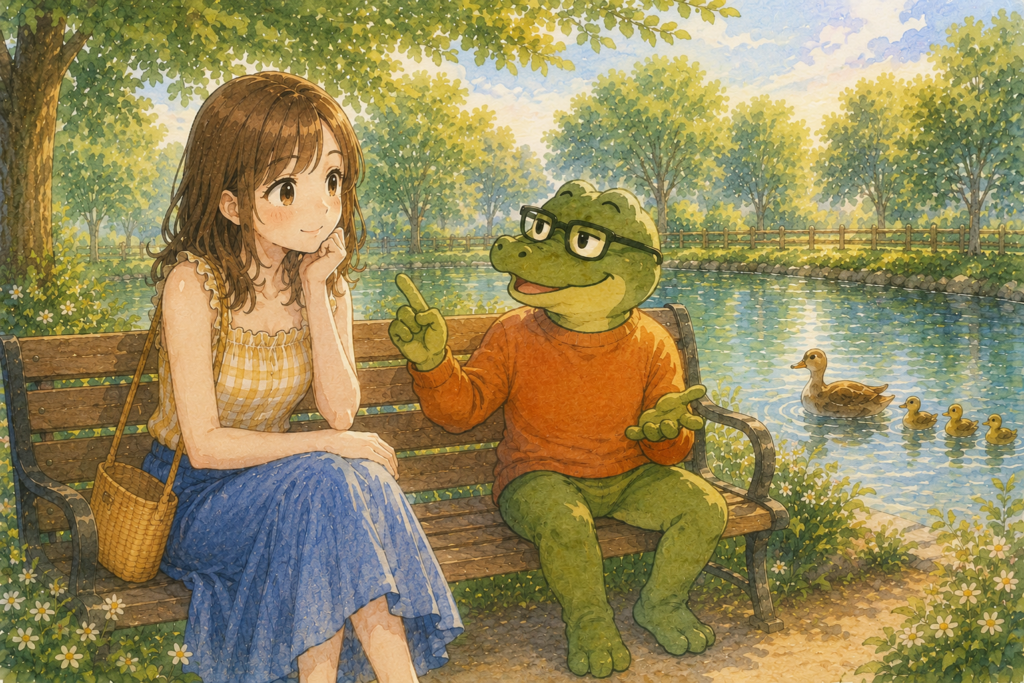 公園のベンチで会話するミユとワニオ。