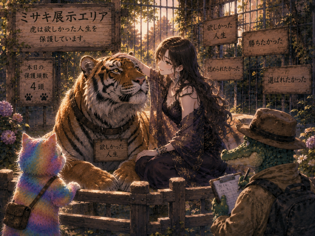 虎の頭を撫でるミサキ。観察するワニオとナツメ。