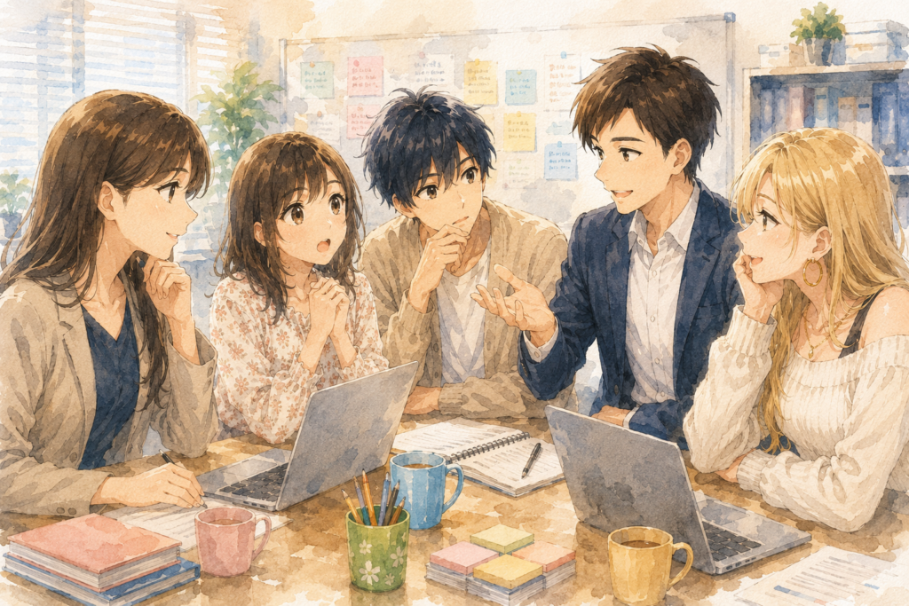 好きな人と仲良くなれないときに考えたいことを解説するリク。真剣に聞くミユとソウタ。