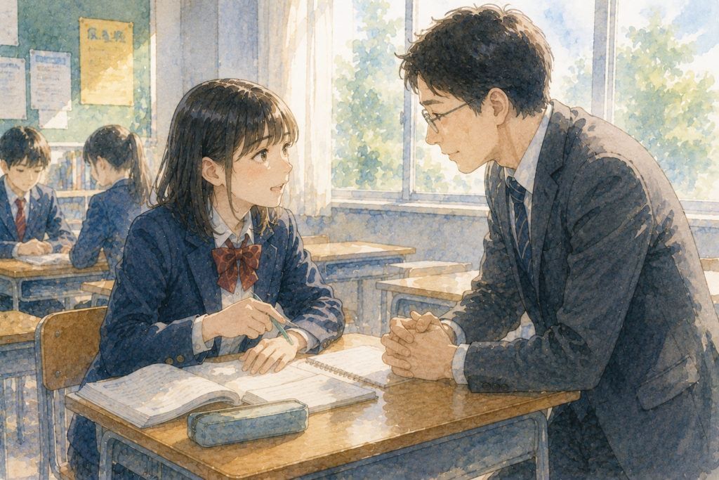 先生と適切な距離で付き合う女子。無理に反抗的な態度を取るのは得策ではない。