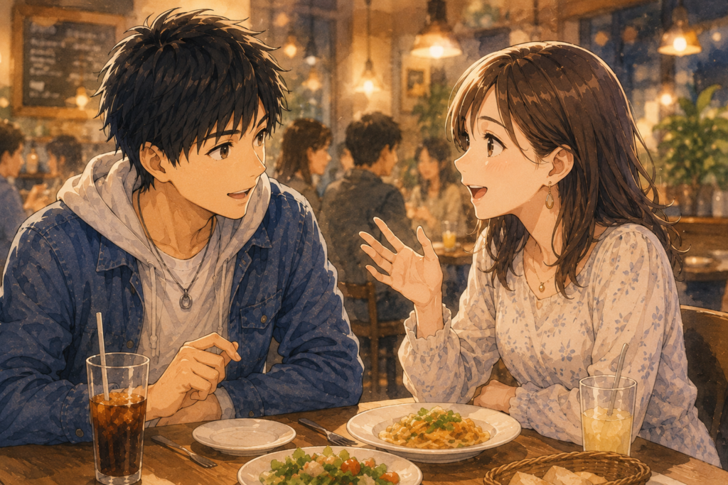 相手の話にしっかり乗っかり、楽しく会話できているハルキと合コン参加者の女性。