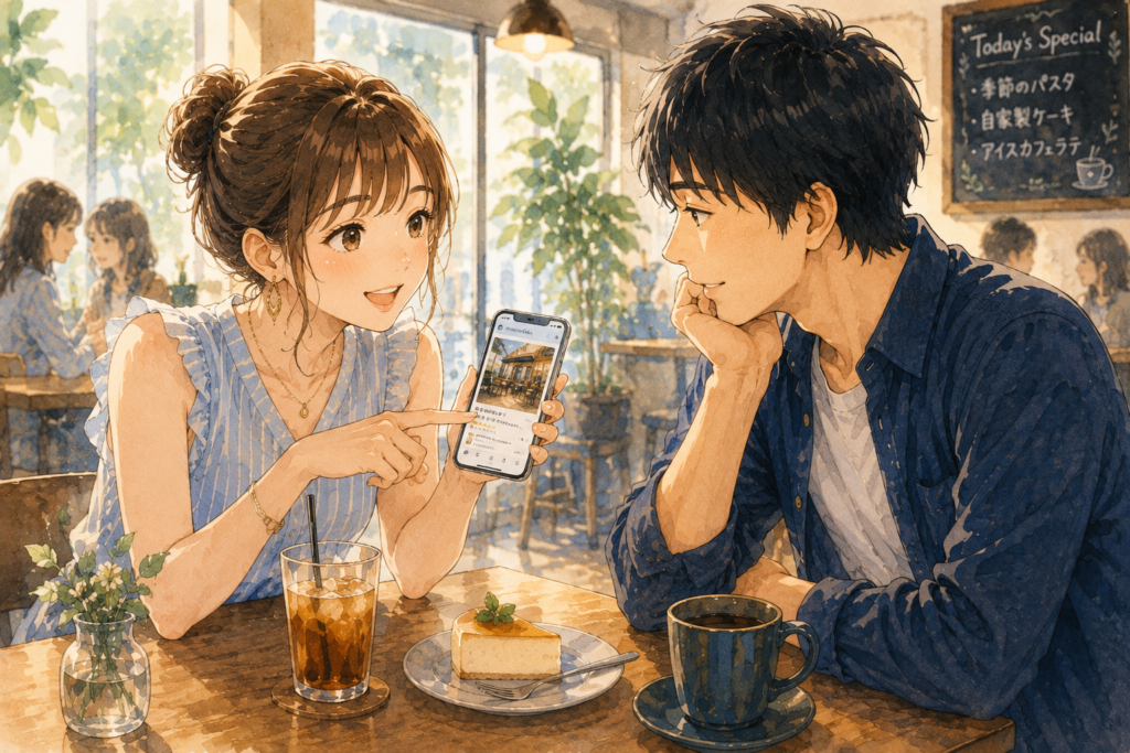 明るい女性と少しずつ関係を深めていく男性。