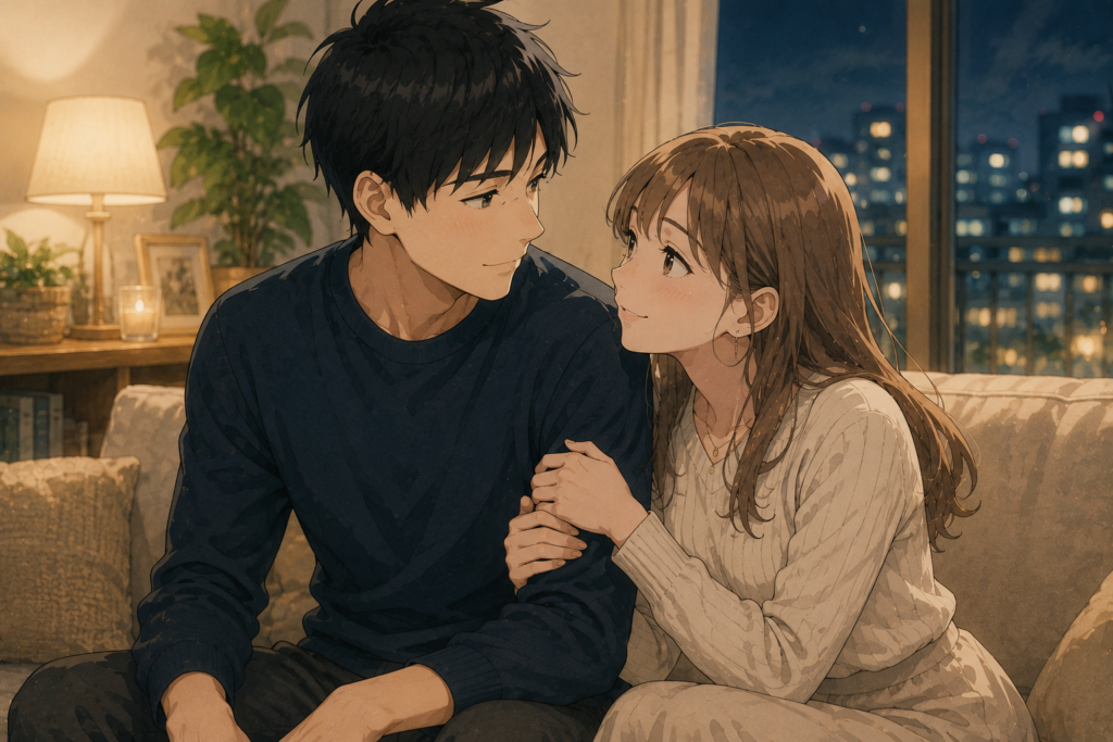 彼女と自室でくつろぐ男性。彼女を大切にしている。