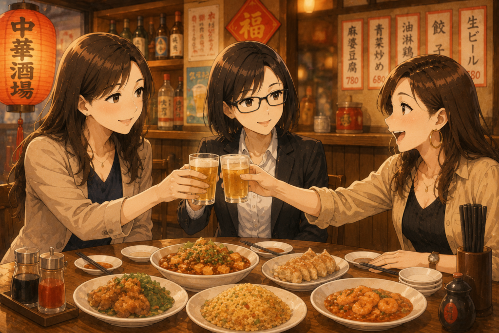 乾杯するユキノ、ミカコ、ナナ。