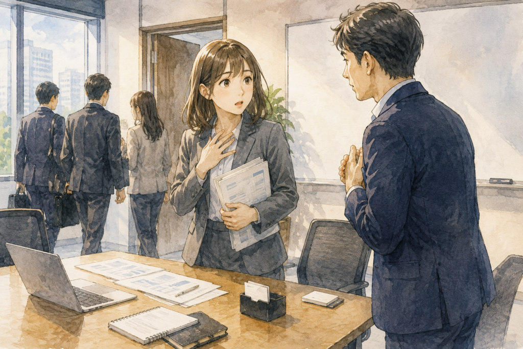 取引先の男性に告白される女性。突然で驚いている。