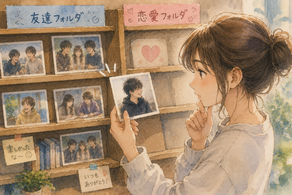友達フォルダにあった男友達の写真を恋愛フォルダに移そうか悩む女性。悩める心理を表現。