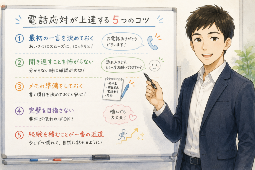 電話応対が上達するポイントをホワイトボードを使って説明するリク。