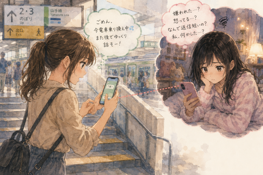 素っ気ないメッセージの意味を一晩考えたが、真相は電車の乗り換えで忙しかっただけだった。