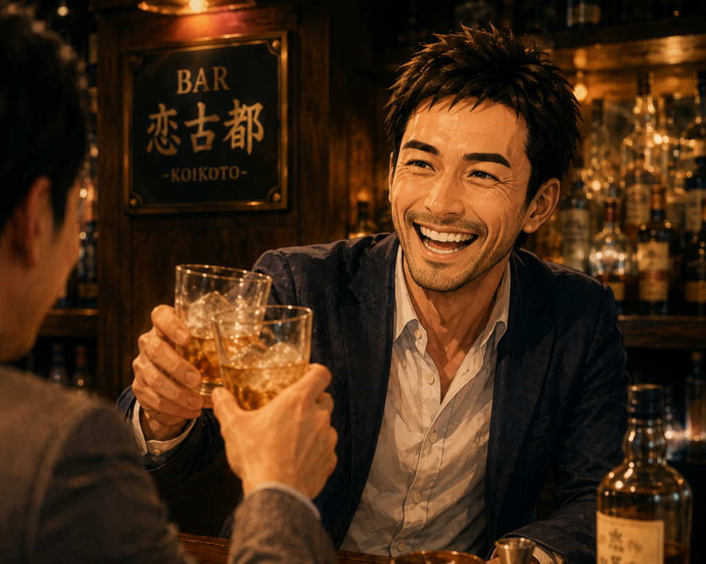 BAR恋古都にて知り合いとお酒を飲むケンジ。