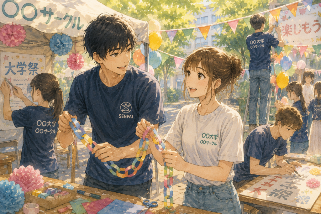 先輩とイベントの準備をする女性。関係は焦らず育てる。