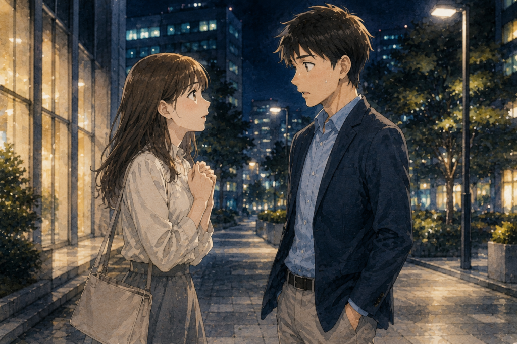 仕事帰りに女性に告白される男性。