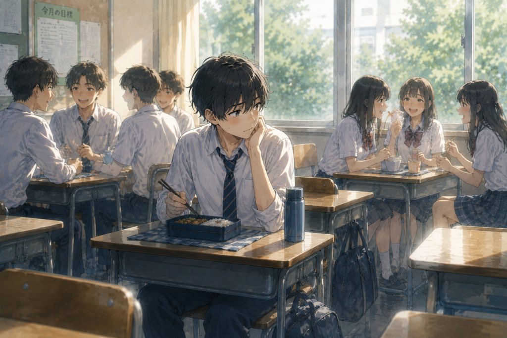 昼休みひとりで弁当を食べる男子高校生。