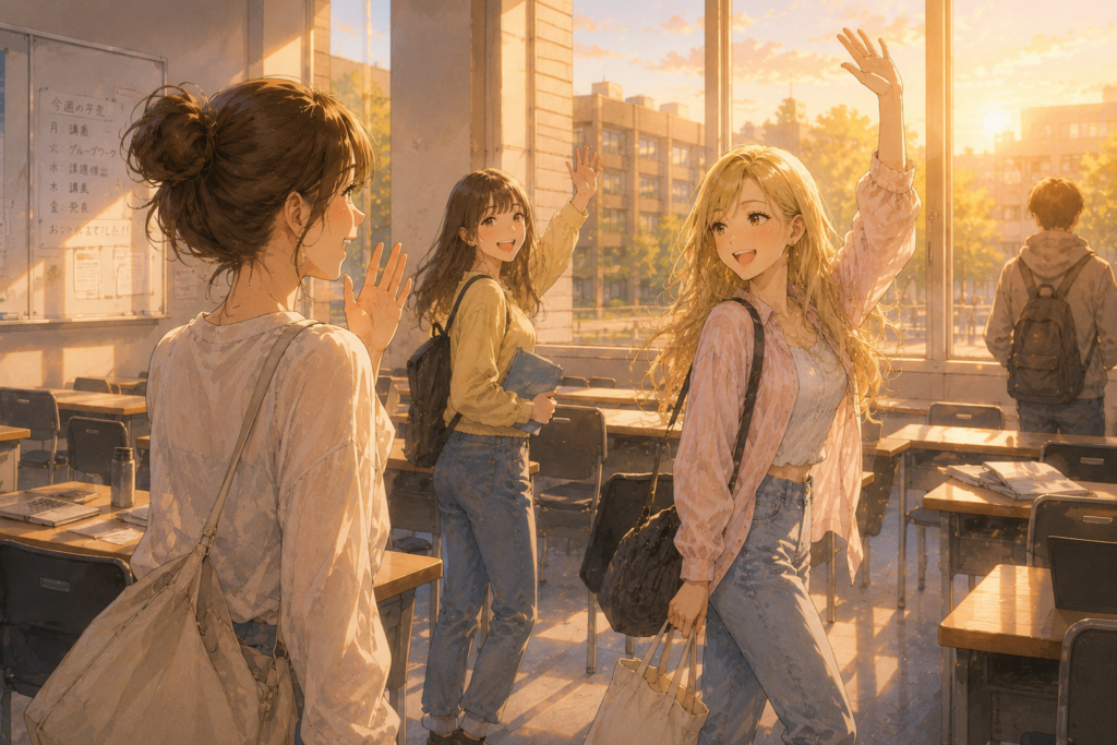 授業が終わり友達と別れるアカリ。
