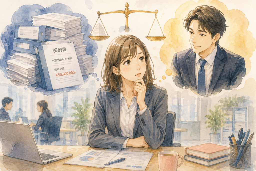 仕事と告白をした男性を天秤にかける女性。