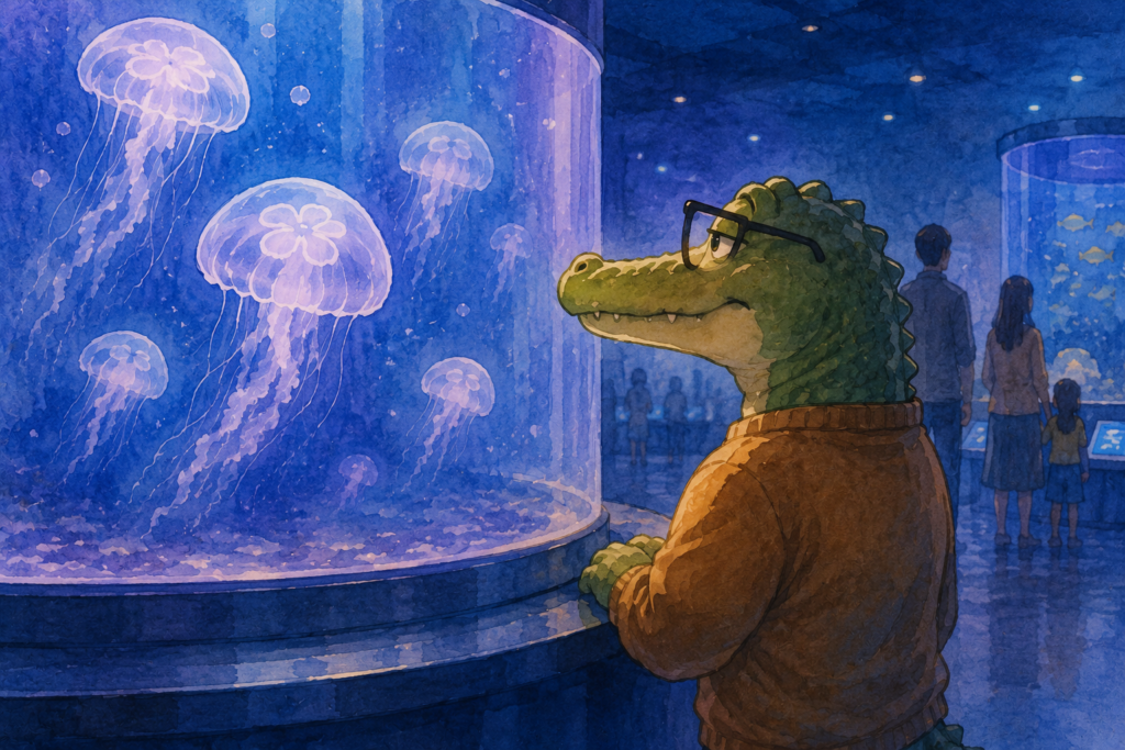 水族館に来たワニオ。水槽を見ている。