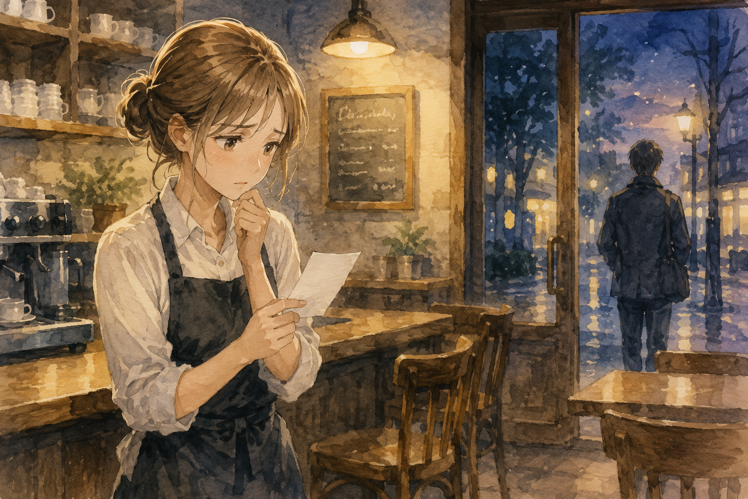 夜のカフェ。お客さんに告白の手紙を渡され困惑する店員の女性。