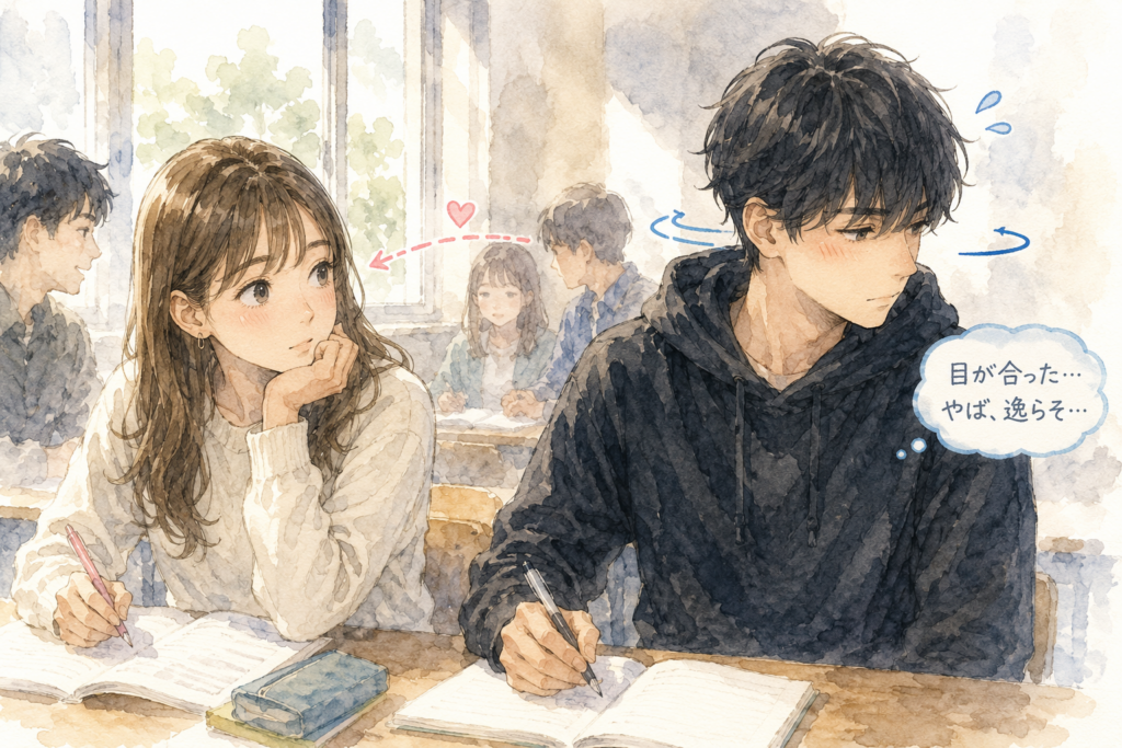 好きな人を見ているが目が合うと逸らす男性。