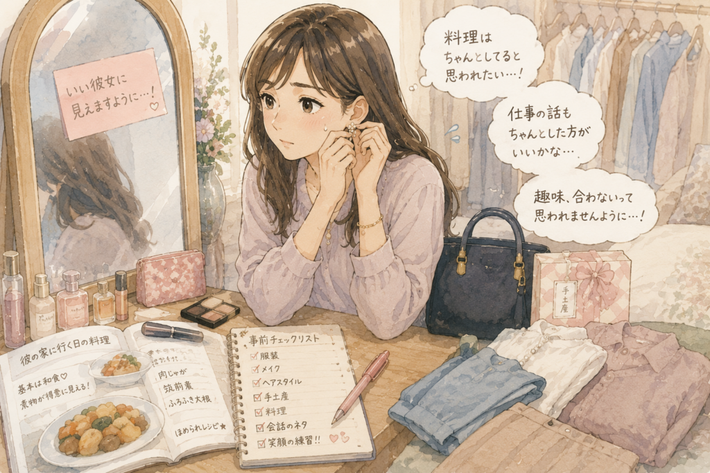 彼氏の母親に気に入られようと無理をして自分を盛る女性。