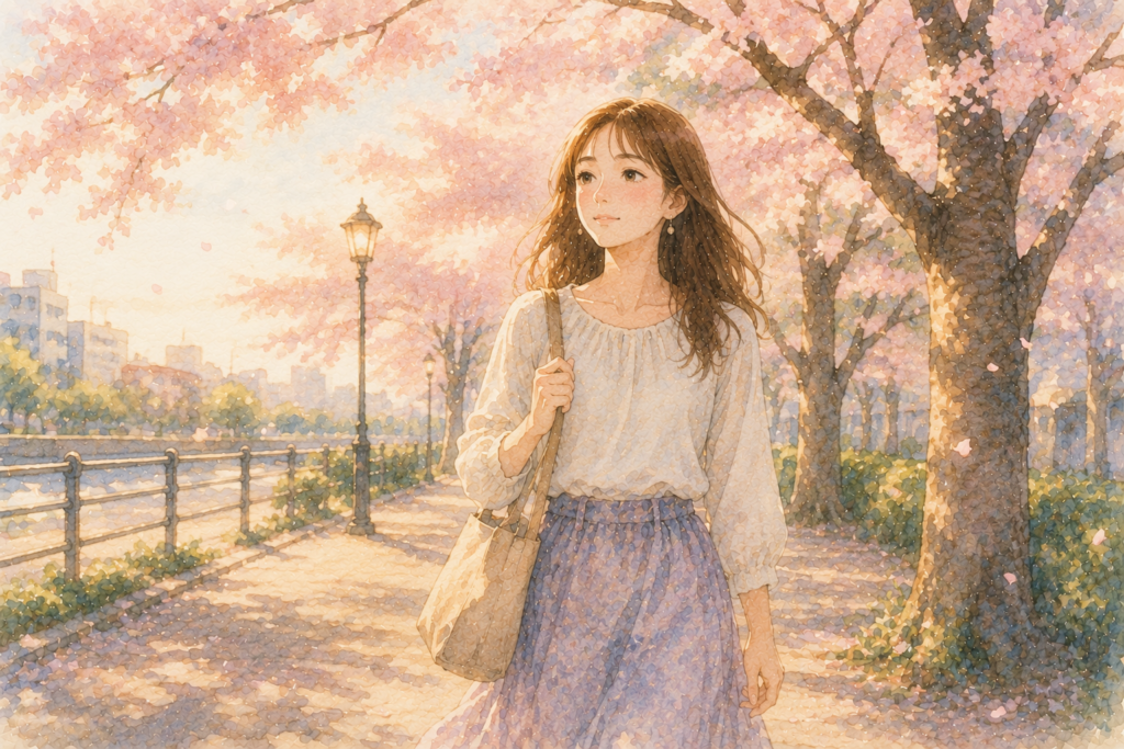 桜の咲く道を歩く女性。自分の気持ちと向き合えて晴れやかな表情。