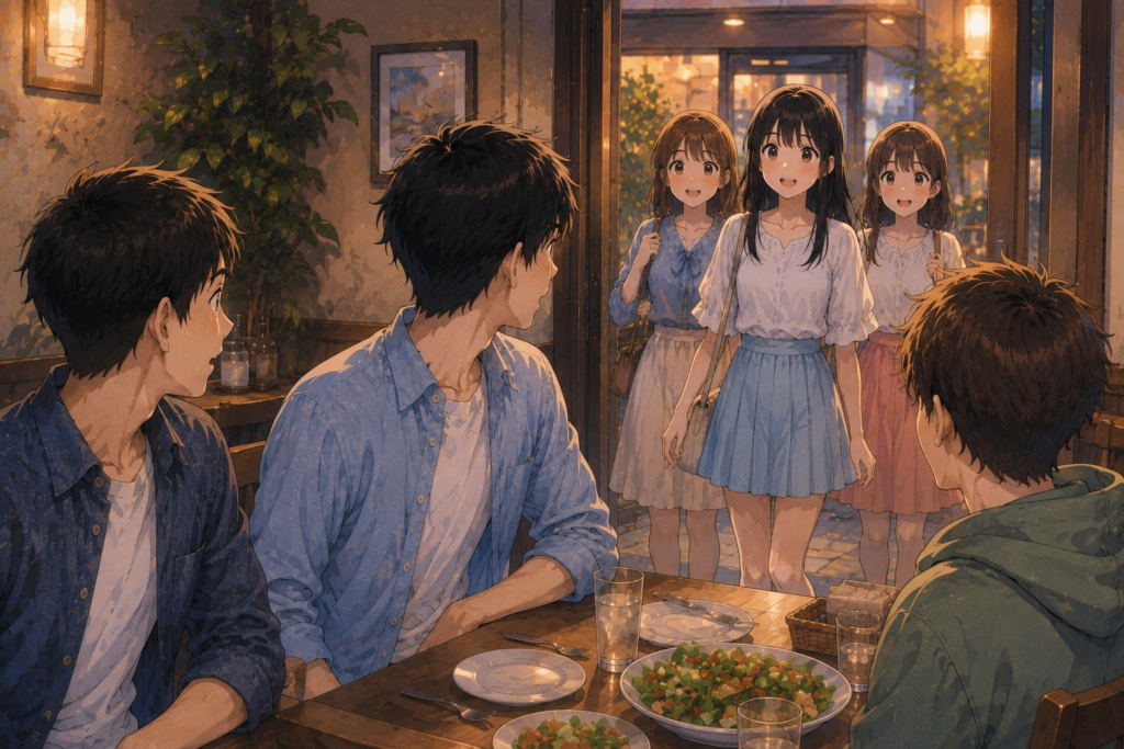 合コン会場で待つハルキたち。そこにツムギをはじめ女性陣が到着。
