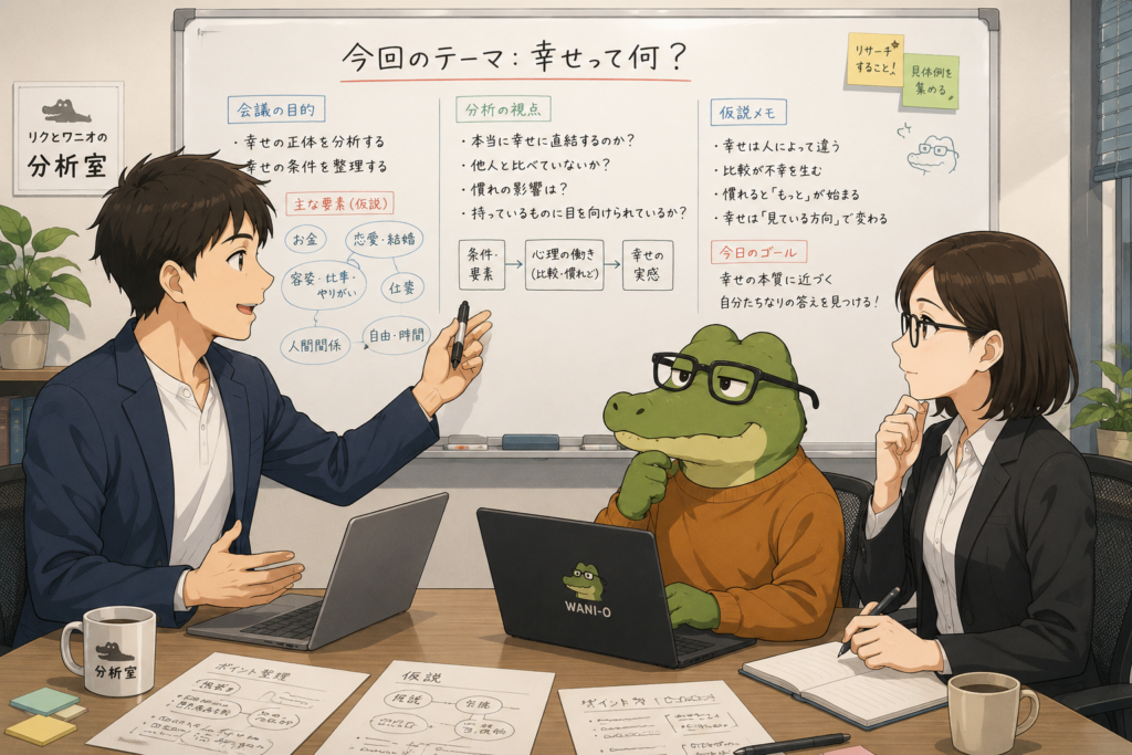 幸せについて分析開始するリクとワニオとミカコ。