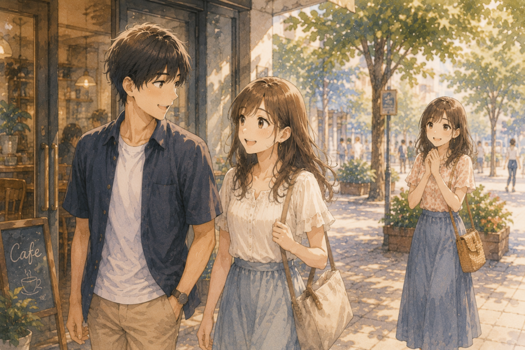 カフェを出て歩く男女。紹介者はこれ以上深くは関わらずに見守る。