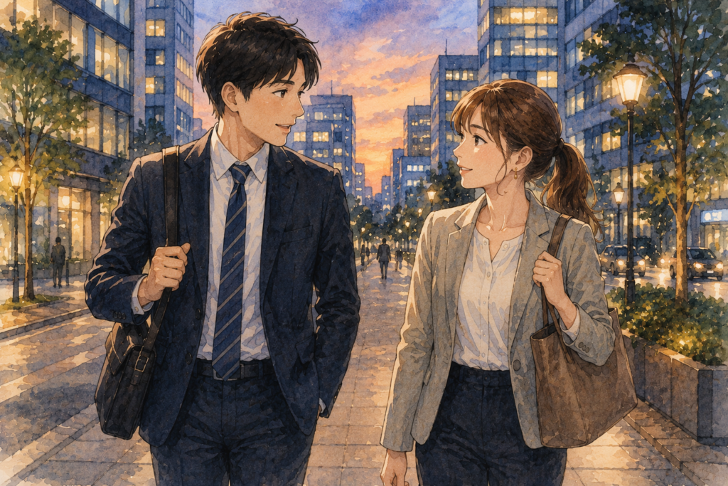 夕方のオフィス街を並んで歩く男女。取引先の人との恋愛が進展しそうな雰囲気。