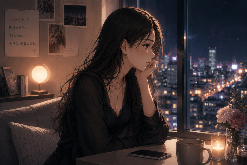 たそがれるミサキ。見返したい気持ちを隠さない。