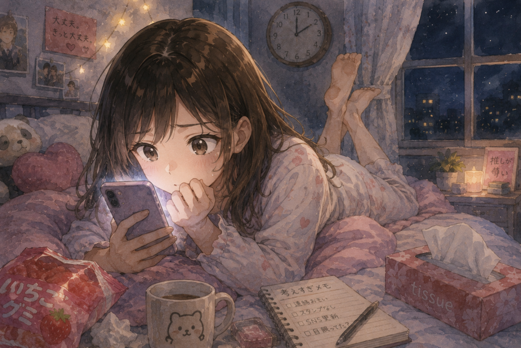 友達からのLINEの内容を深読みしすぎて不安になるミユ。
