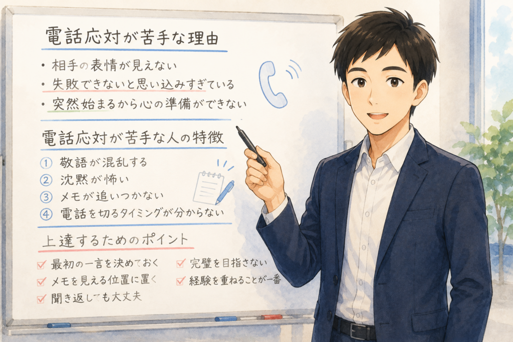 電話応対が苦手な人の特徴などをホワイトボードを活用して解説するリク。