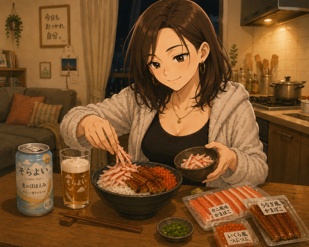 ビールを脇におき海鮮丼もどきを作るナナ。