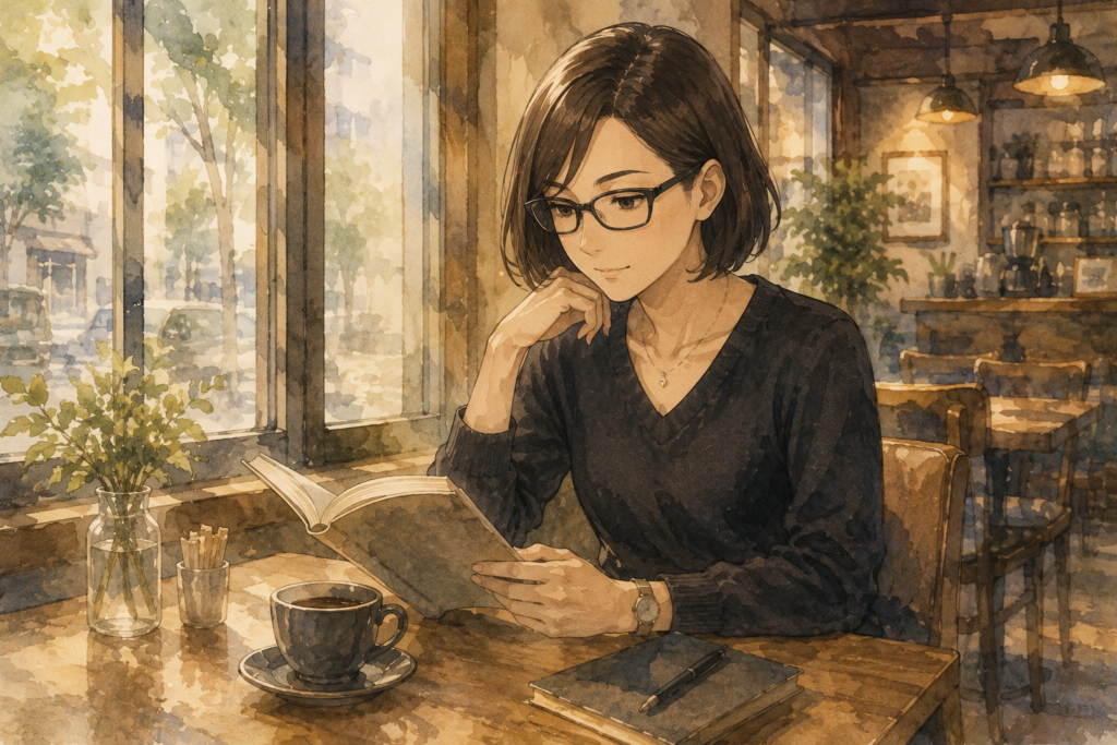 カフェで読書をするミカコ。ひとり時間を楽しんでいる。