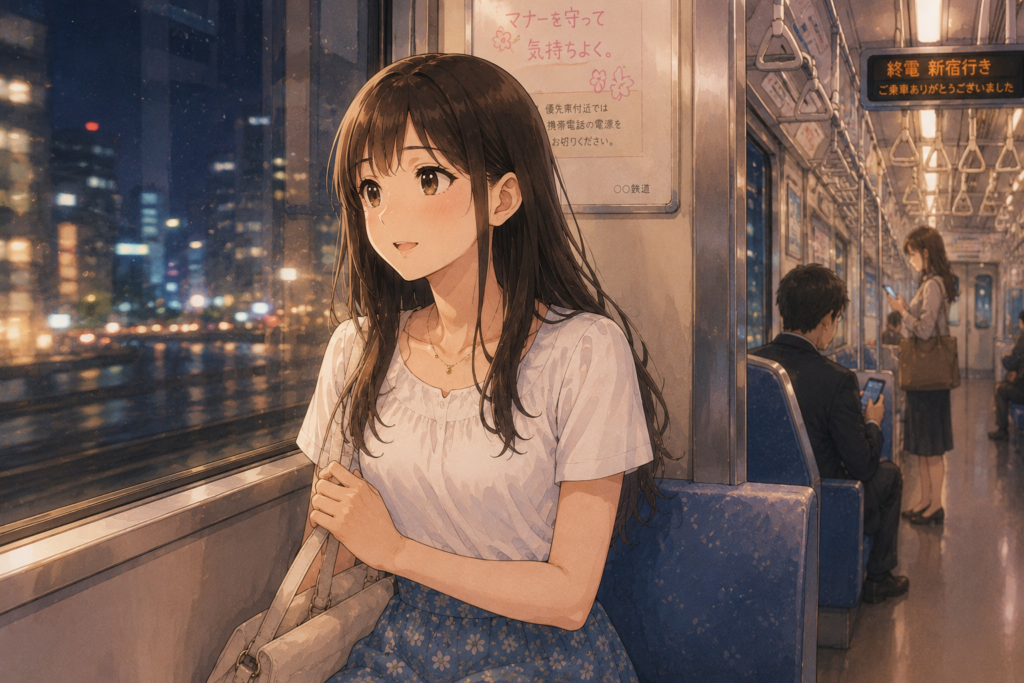 合コン後終電で帰るツムギ。恋人はできなかったが楽しかった。