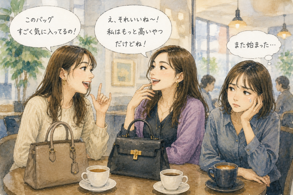 バッグを気に入っているという女性に対して自分のバッグの方が高いと張り合う女性。