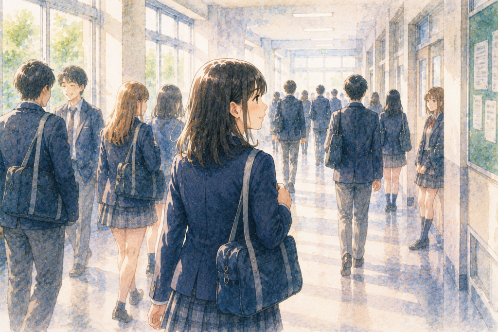 廊下を歩く学生たち。人生の登場人物だけど主要人物とはかぎらない。