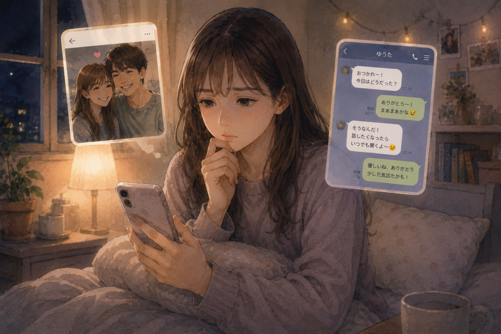 彼氏と撮った写真と男友達のLINEを見ている女性。気持ちの葛藤を表現。