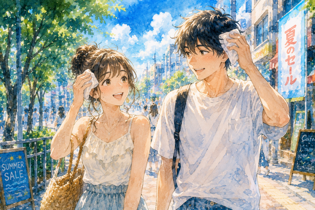 汗を拭きながら歩くカップル。夏は服装選びが難しい。