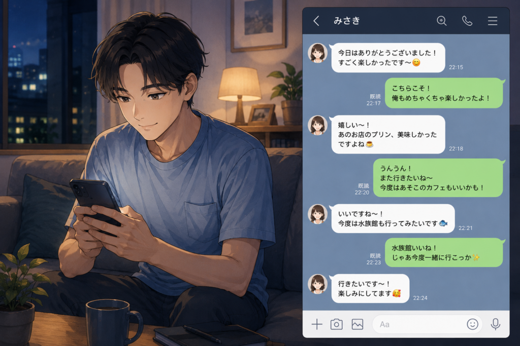 LINEが続く男女。次の予定なども出ていい感じ。