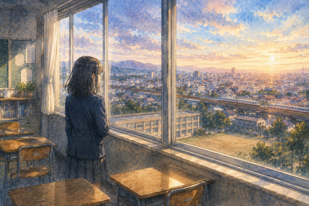 教室にいる女子。窓の外には景色が広がっている。教室の外は広いことを表現。