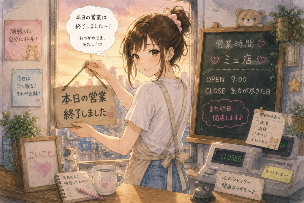 自分の生活を店に見立てるミユ。疲れたら明日の自分に先送りする。