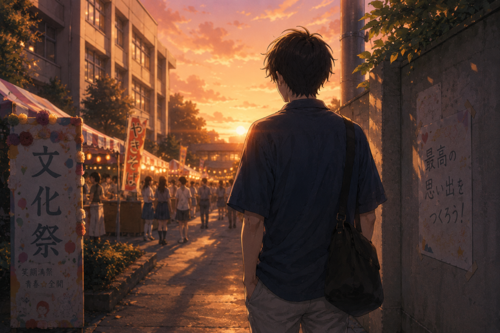 夕方の文化祭。告白しようと画策する男子。