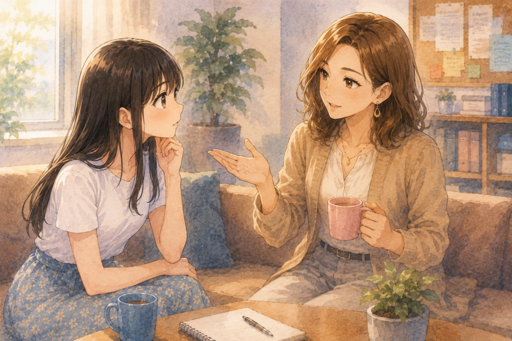合コンは一人で頑張らなくていいとアドバイスするマリ。