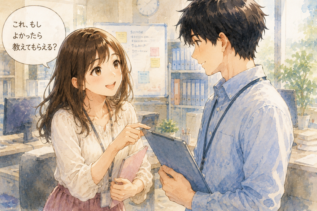 会話のきっかけとして小さなお願いごとをする女性。