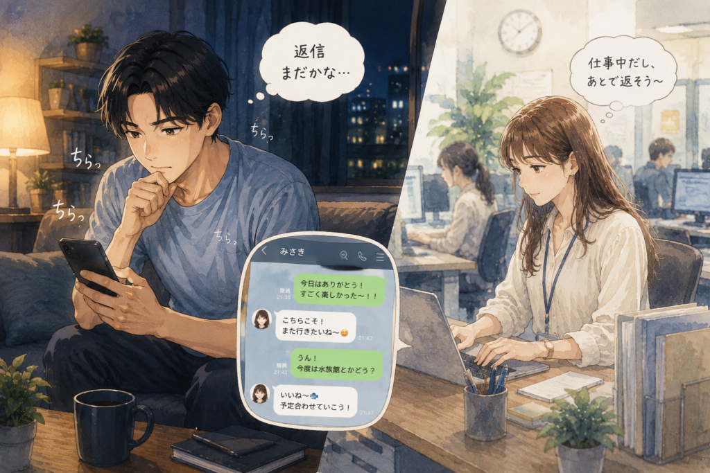 返信がこないので追LINEしようか悩む男性。女性は仕事中。