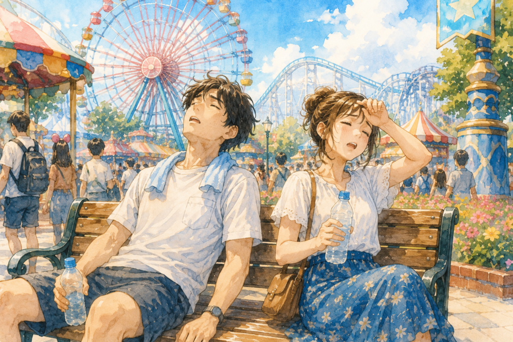 遊園地にて予定を詰め込みすぎてクタクタになるカップル。