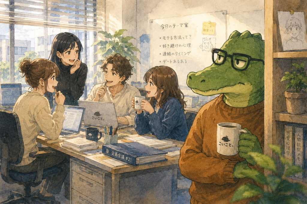 編集部の人々を観察するワニオ。